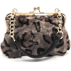 Leopard Print Genuine Mink Fur KISS-lock Handbag with Gold Chain